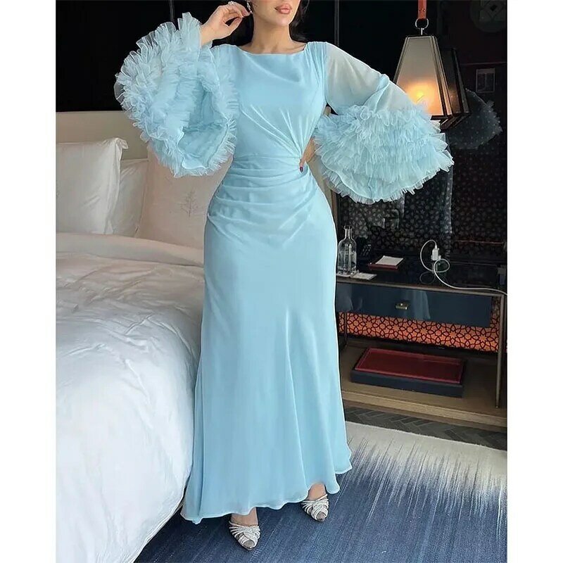 Elegant O-Neck Prom Dresses Flare Long Sleeves Evening Dress Ruffles Ankle-length Arabia Dresses for Formal Occasions