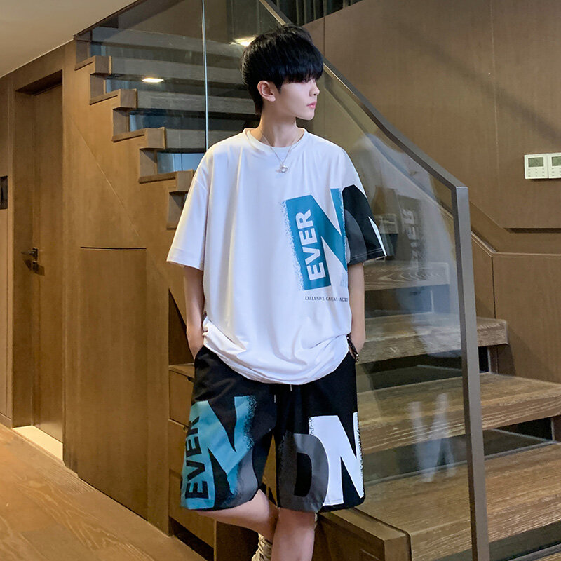 2 szt. Komplety letnie męskie spodenki T-shirt z nadrukiem w stylu Casual, cienka luźny kombinezon do koszykówki koreański styl Hip Hop strój męski czarny biały