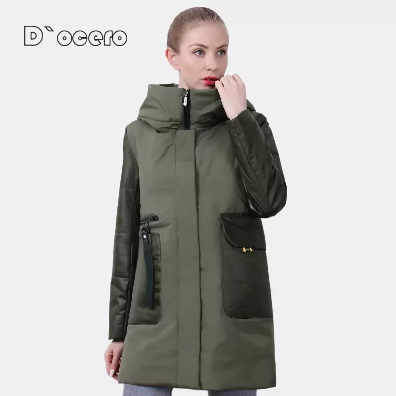 D'OCERO-새로운 봄 재킷, 여성 가을 코트 긴 퀼트 패션 캐주얼 파카 후드 고품질 얇은 코튼 아웃웨어, 2021