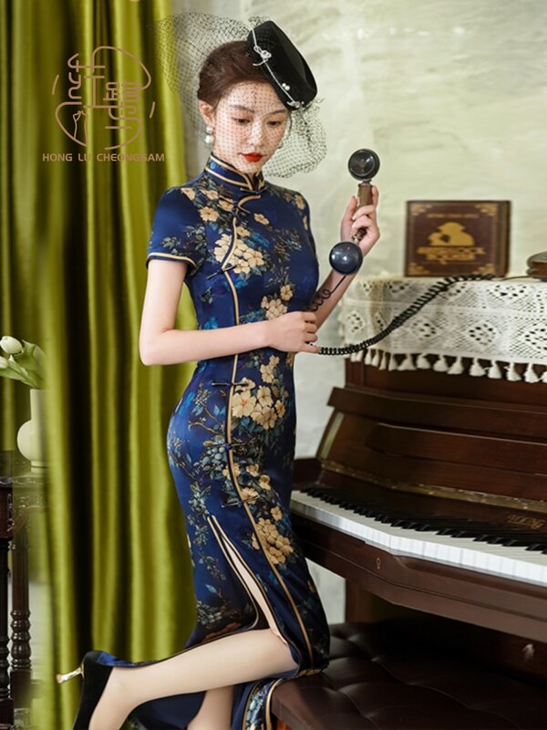 Cheongsam Handmade Mulberry Seda, vestido Slim Character, Qipao chinês, Novo, 2024
