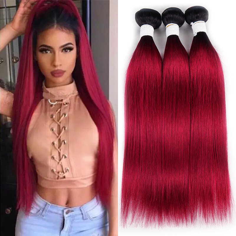 Pacotes brasileiros de cabelo humano reto, extensão do cabelo Remy, Red Ombre Weave, 1B, 99J, 1 Pc, 3 Pcs, 4 Pcs