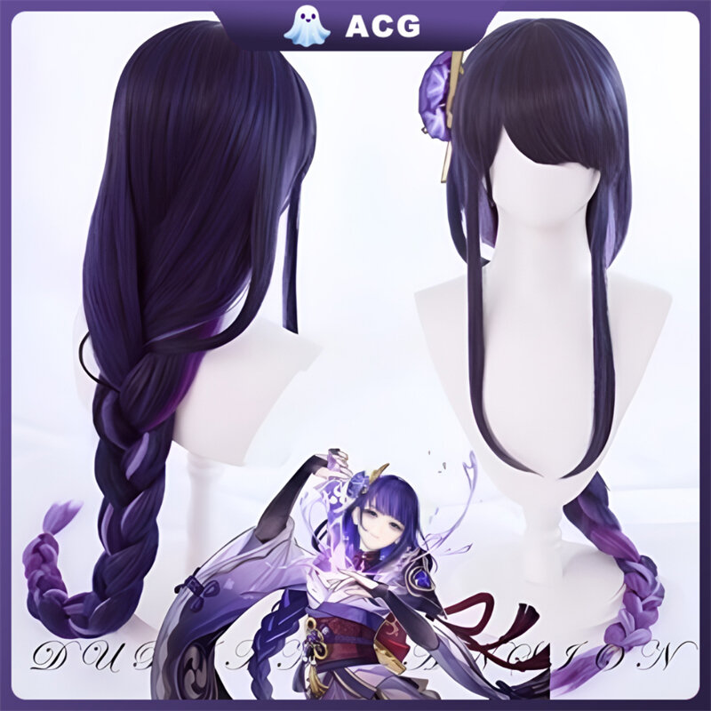 Genshin Impact Raiden Peluca de Cosplay, cabello púrpura, Anime, fiesta de halloween, 90cm