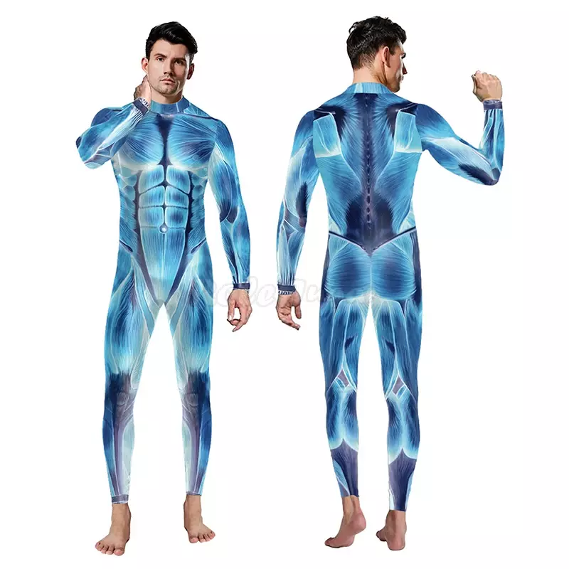 Men Skeleton Printed Scary Jumpsuit Halloween Party Cosplay Costume  Adults Fitness Bodysuit One-piece  C40X41