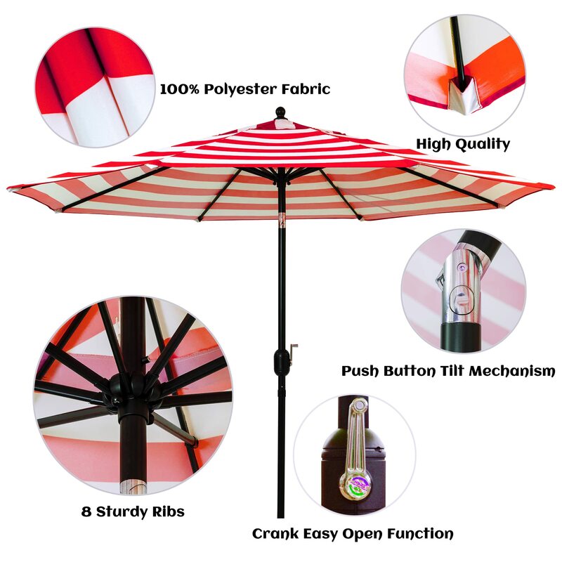 Sombrilla de Patio para exteriores, sombrilla de mesa con 8 varillas resistentes, color rojo y blanco, 9'