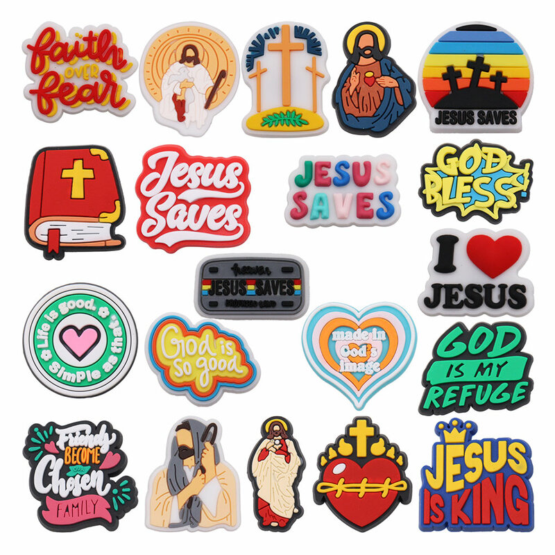 1-20PCS Jesus Saves Made In God's Image Life Is Good Christianity PVC Shoe Decoration Buckle Charms Fit Wristbands Xmas Gift