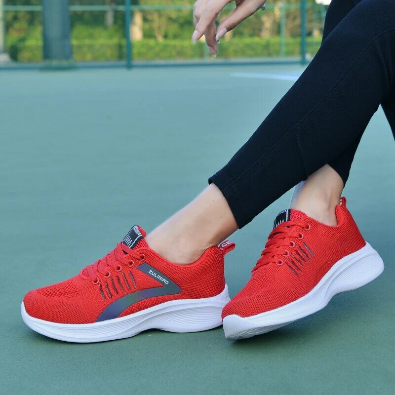 Zapatillas deportivas de punto para mujer, zapatos informales transpirables con cordones para correr, entrenadores de tenis, zapatillas bajas ligeras para caminar