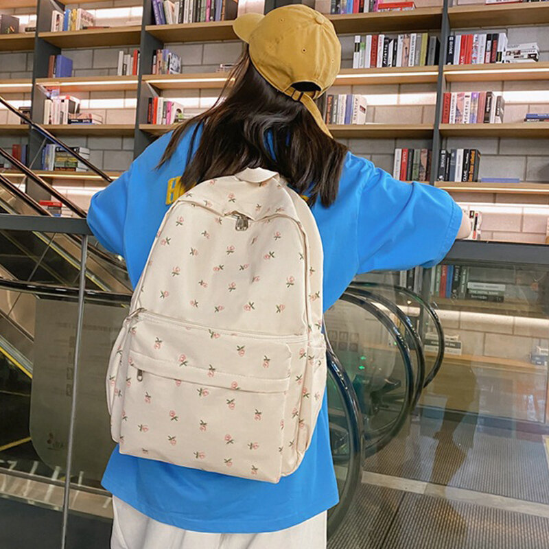 Mochila floral feminina, mochila de nylon impermeável, bolsa de escola para estudantes adolescentes, grande capacidade, nova tendência, moda, 2024