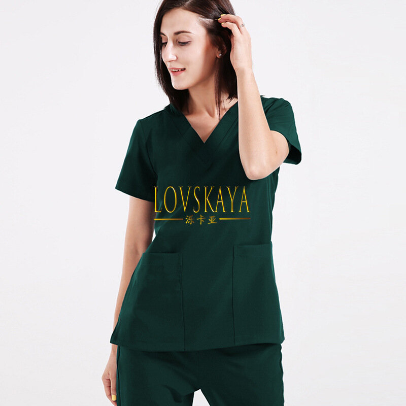 Traje de enfermera con cuello en V, Conjunto dividido, traje quirúrgico elástico de secado rápido, traje de trabajo médico delgado de verano