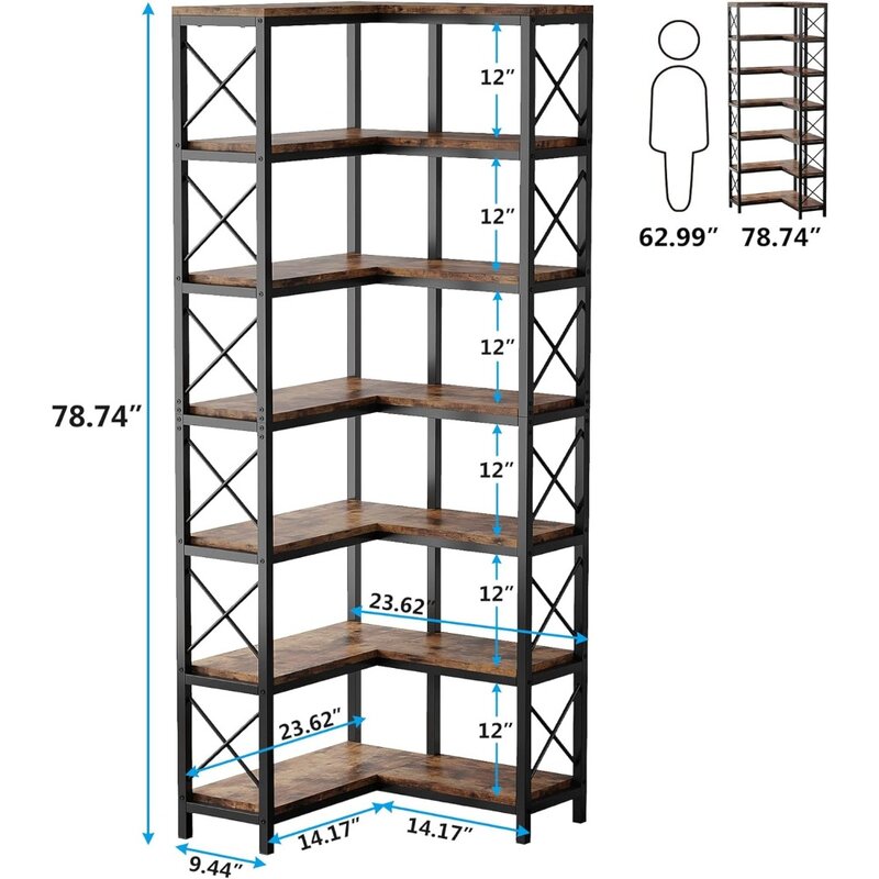 Estantería de esquina grande y moderna de 7 niveles, estante de exhibición de almacenamiento con marco de Metal
