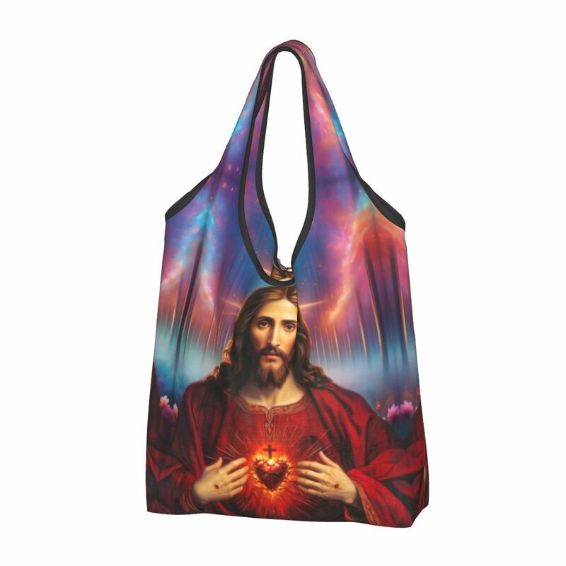 Santo Jesus Cristo Sagrado Coração Mercearia, durável, grande, reutilizável, reciclar, dobrável, religioso Saint Católica Shopping Eco Bag