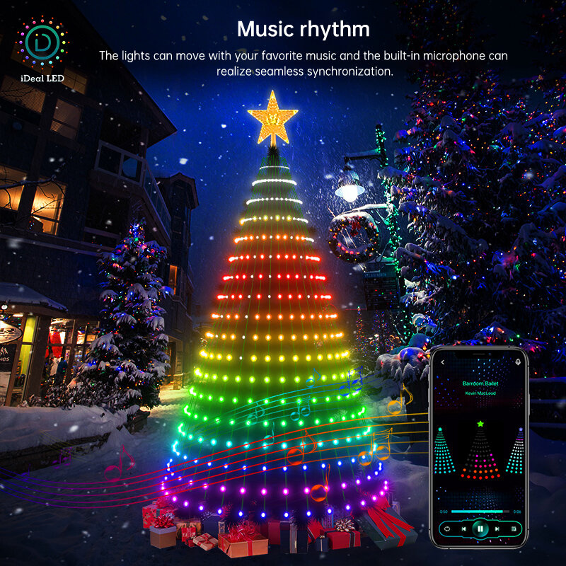 스마트 크리스마스 트리 토퍼 조명, 앱 DIY 사진 LED RGB 스트링 라이트, 블루투스 제어, LED 스타 스트링, 폭포 크리스마스