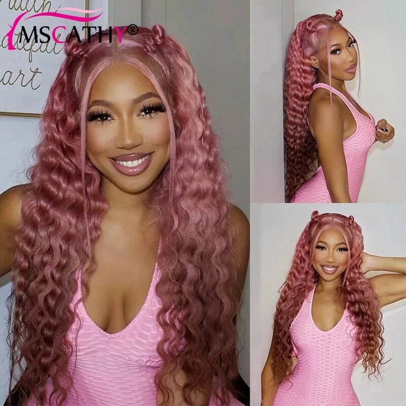 Różowa koronka peruka Front dla kobiet głębokie włosy ludzkie kręcone brazylijskie dziewicze włosy peruka Cosplay HD przezroczysta koronkowa peruka Front