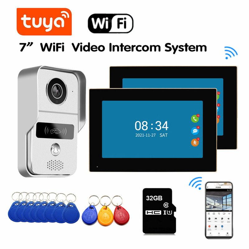 Smart 7 Zoll Monitor WiFi Tuya Video Türklingel Outdoor Tür Glocke Wasserdichte IP65 Intercom Induktive Karte Entsperren Tür Telefon Kamera