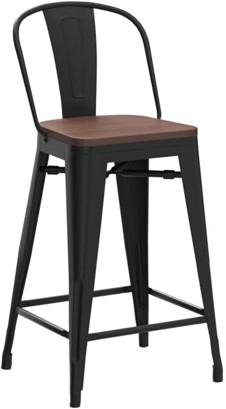 HAOBO Home-taburete de respaldo alto de 24 ", taburete de Metal con asiento de madera, Juego de 4, Taburetes de Bar de altura de mostrador, negro mate