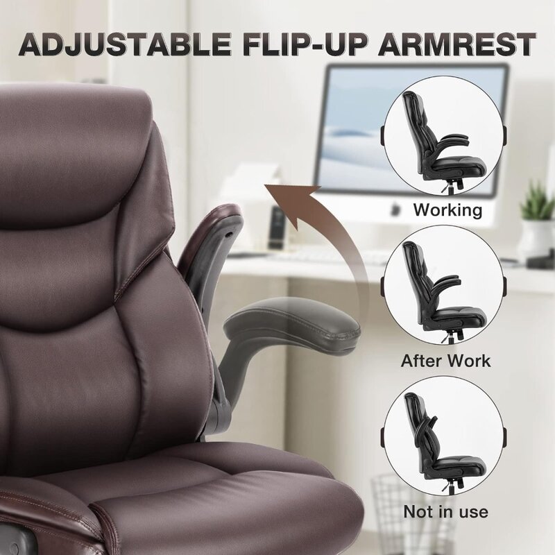 Cadeira de escritório grande e alta para casa, cadeira ergonômica com encosto alto, braços flip-up de couro pu