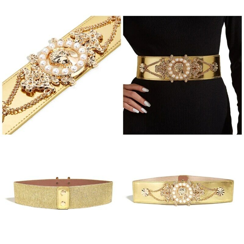 652F Sexy Waist Belt for Jeans Dresse Club Bar Waist Belt Chain Idol Costume Golden Buckle Woven Wide Belt Body Jewelry