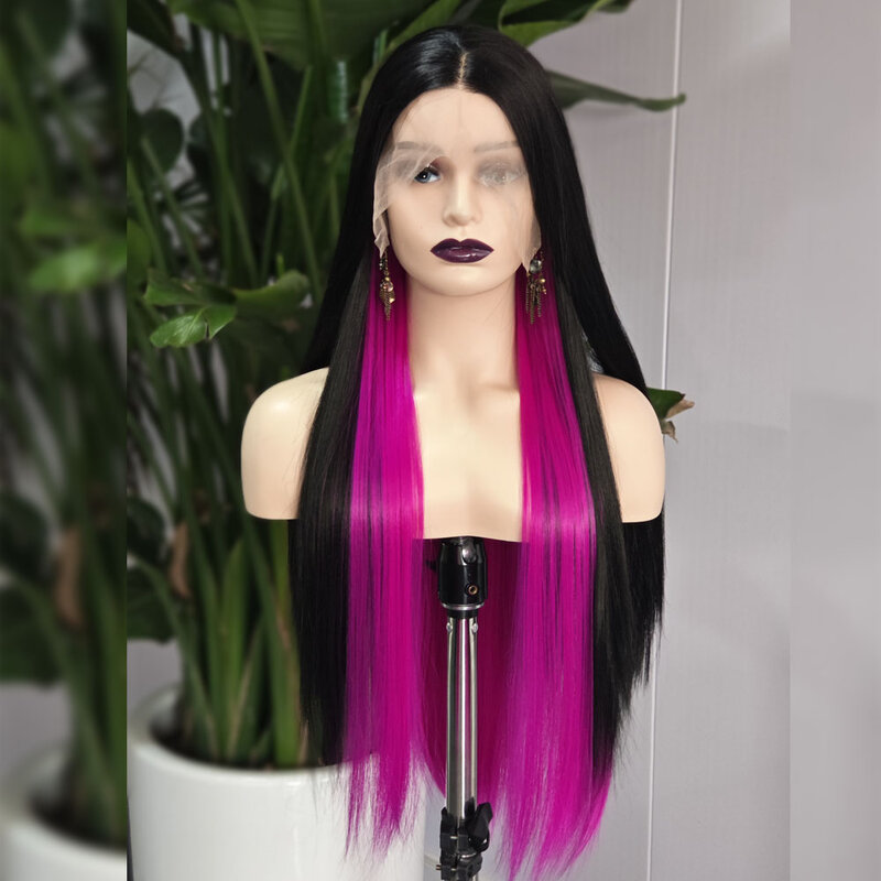 RONGDUOYI-peluca sintética recta con malla frontal para mujer, pelo largo de seda, fibra respetuosa con el calor, Cosplay, Negro, Rosa, dos colores