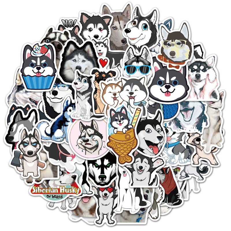 Pegatinas decorativas de perro Husky, 50 piezas, para equipaje, monopatín, guitarra, portátil, refrigerador