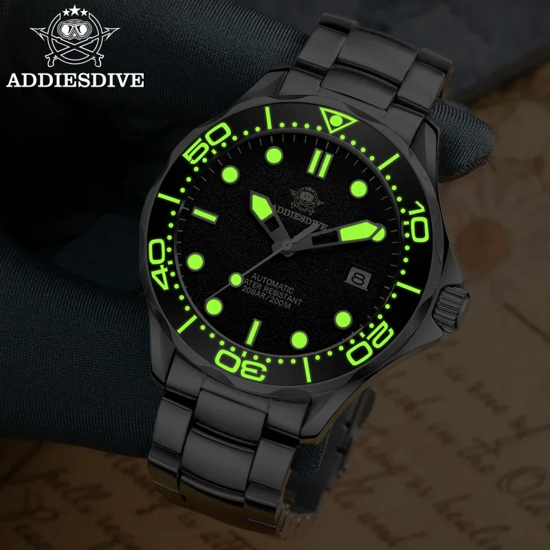 Adpeso Dive jam tangan mekanis otomatis, jam tangan pria mewah kristal safir antiair 200m bercahaya untuk menyelam