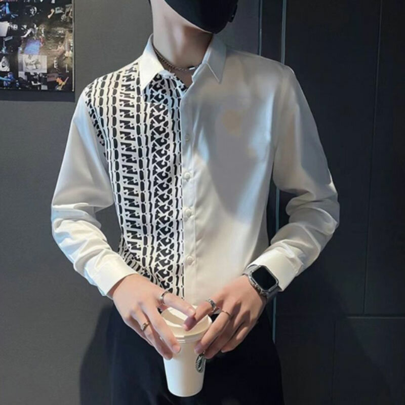 Элегантная Модная приталенная одежда в стиле Харадзюку, Мужская свободная повседневная спортивная универсальная верхняя одежда, цветная блокирующая пуговица, блуза с длинным рукавом