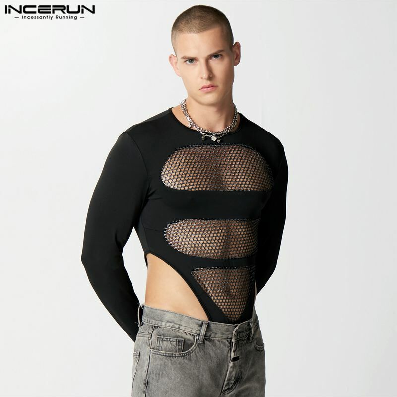 INCERUN Men Bodysuits Mesh Patchwork O-neck Long Sleeve Sexy Transparent Bodysuit Streetwear 2023 Fitness Fashion Male Rompers
