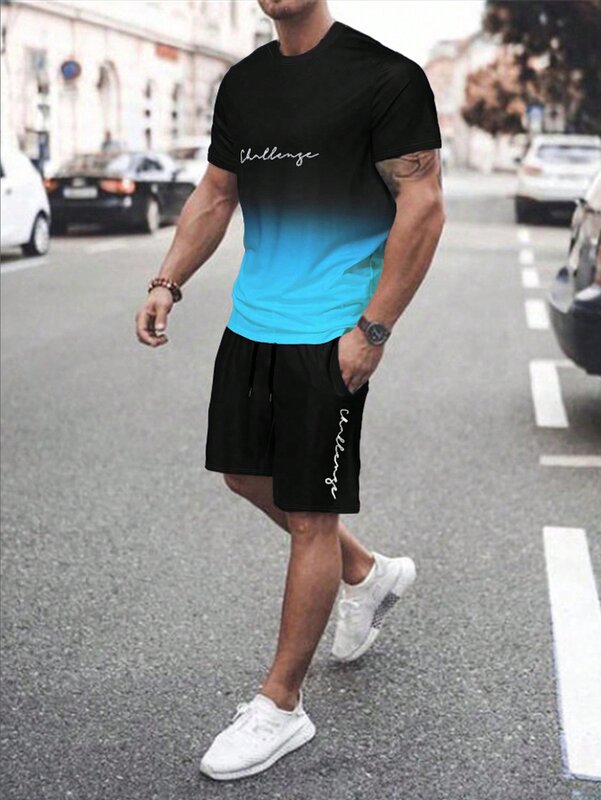 Conjunto de camiseta e shorts com letra progressiva masculina estampada gola redonda, casual para viagem ao ar livre, moda verão, venda quente