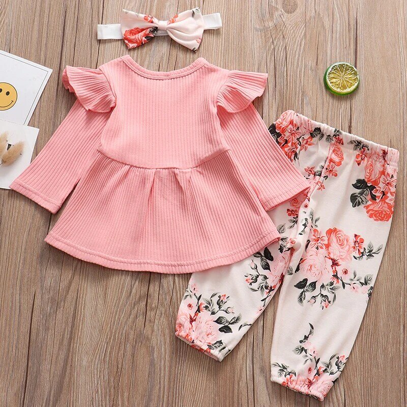 Spring Newborn Baby Girl Clothes Set Cute Pink Color Long Sleevs Tops Flower Pants Headband 0-24M 3Pcs Infant Girl Clothing Suit
