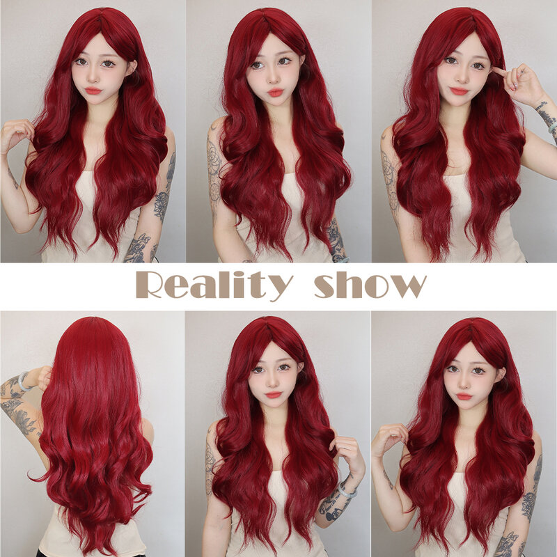 Wig sintetis keriting panjang merah dengan poni untuk wanita, Wig rambut palsu Cosplay gelombang alami merah merah merah merah tahan panas untuk pesta wanita