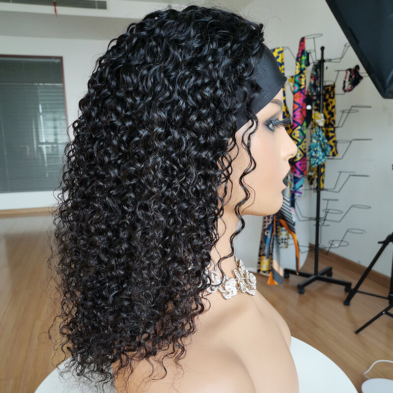 Afro perwersyjne kręcone peruki z pałąkiem na głowę peruki z ludzkich włosów brazylijski Remy włosy dla kobiet pełna maszyna wykonana peruka naturalną linią włosów szalik peruka