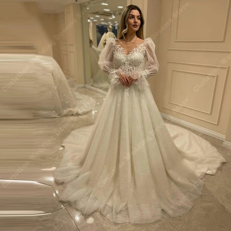 Sweet A-Line Wedding Dresses Zipper Court Train Appliques Fashion Gowns Arrival Attractive Fluffy Long Sleeves Vestido De Novia