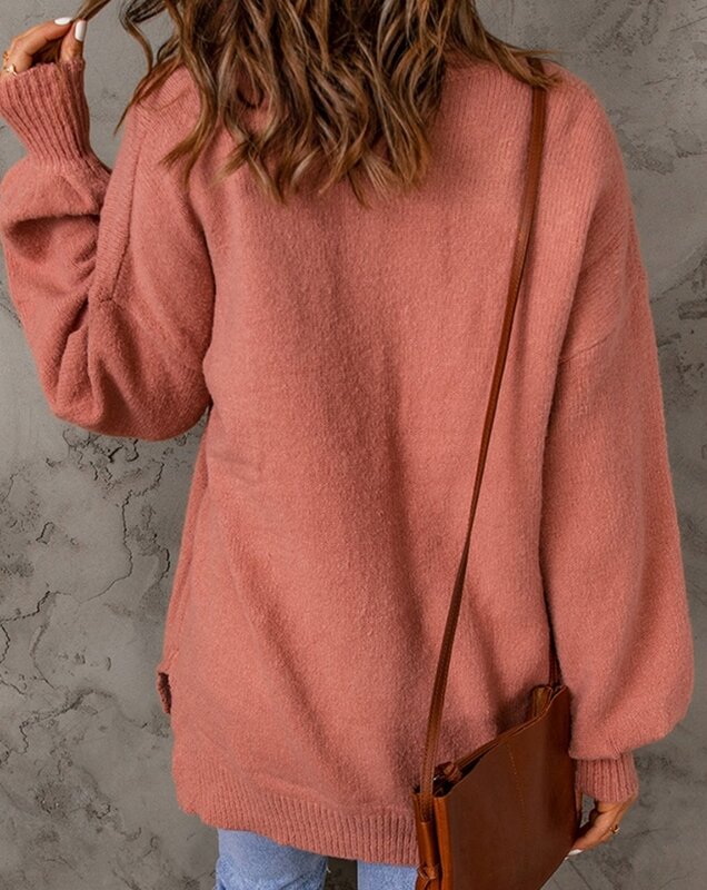 Women's Pocket Design Long Sleeve Knit Sweater Daily Casual Commuting Autumn Winter New 2023 Mock Neck Loose Woman Knit Sweater