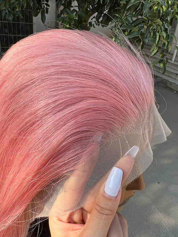 Peruca de cabelo natural brasileira rosa, cabelo liso curto, 13x4, transparente, pré-arrancado, sem glueless