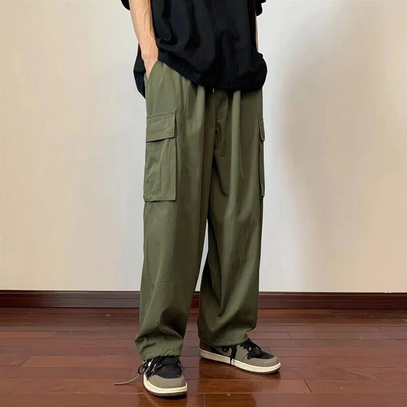 Men's Pockets Casual Cargo Pants Vintage Hip-hop Jogging Men Harajuku Loose Straight Wide Leg Pants Man Streetwear Trousers Male