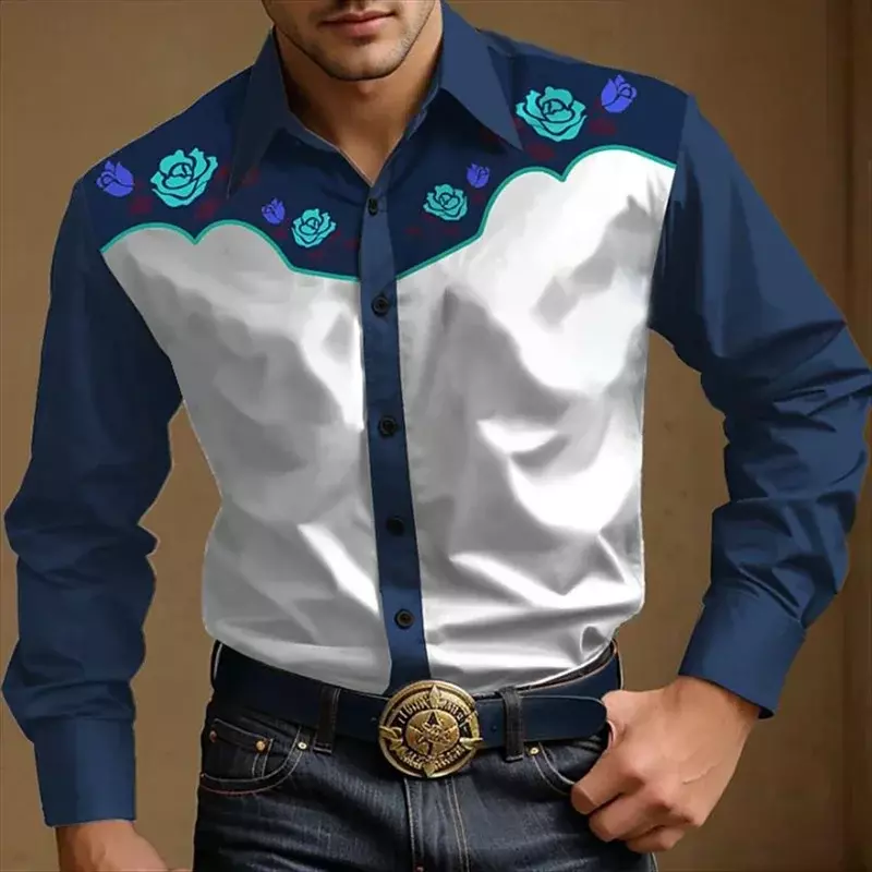 Camisa jeans de botão estampado masculina, camisa de lapela vintage, top macio, confortável, ao ar livre, festival, ocidental