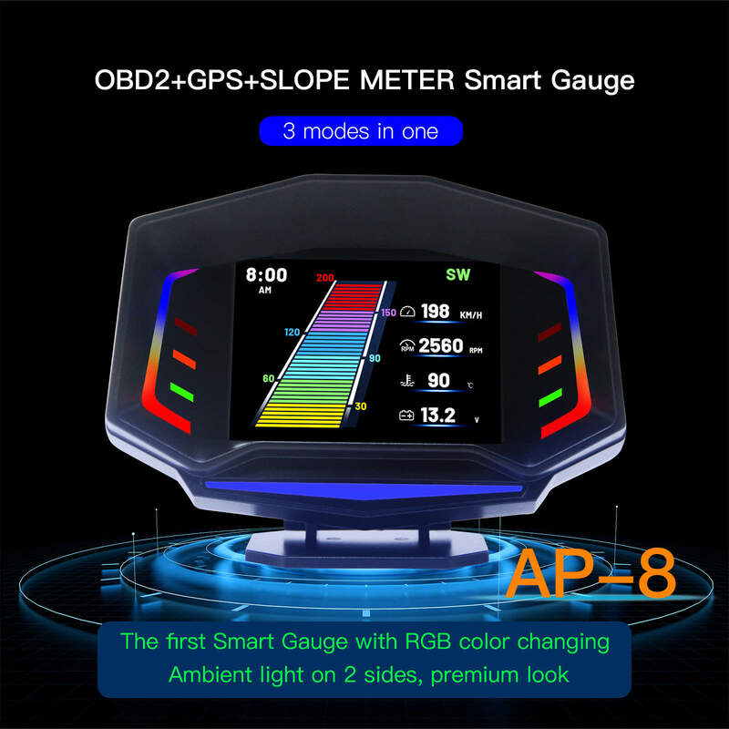AP-8 Automóvel a bordo HUD Head Up Display, LCD multifuncional, OBD2, GPS, medidor de inclinação, computador de condução, tabela de códigos, tela grande