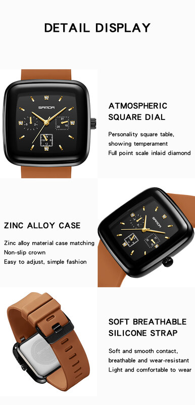 Sanda-relógio de quartzo de silicone quadrado para homens e mulheres, seis agulhas, criativo, personalizado, nova moda, 1112