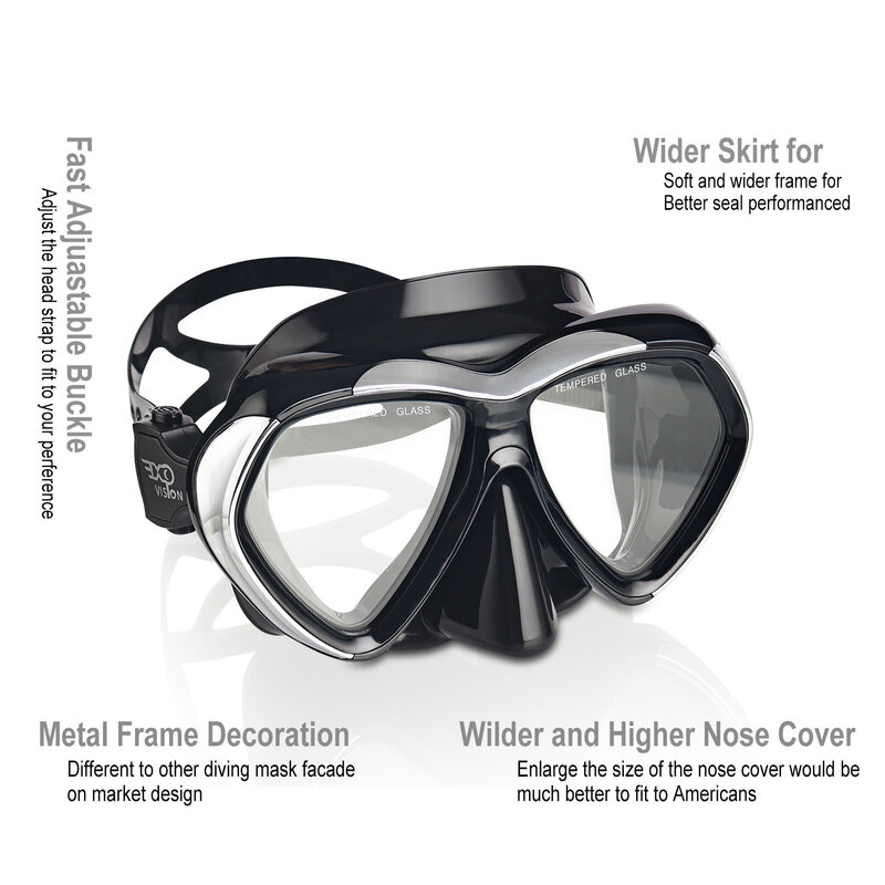 Maska do nurkowania dla dorosłych EXP VISION, maska do nurkowania przeciwmgielnego, gogle pływackie ze szkła hartowanego z osłoną na nos