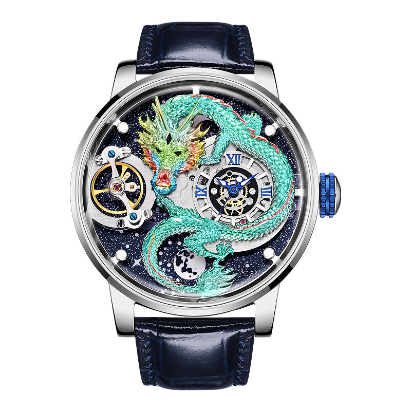 Hanbor Dragon Watch สำหรับผู้ชาย, นาฬิกาหรูผู้ชายกลวงออกนาฬิกาข้อมือกลไกอัตโนมัติกันน้ำนาฬิกาสลัก5D
