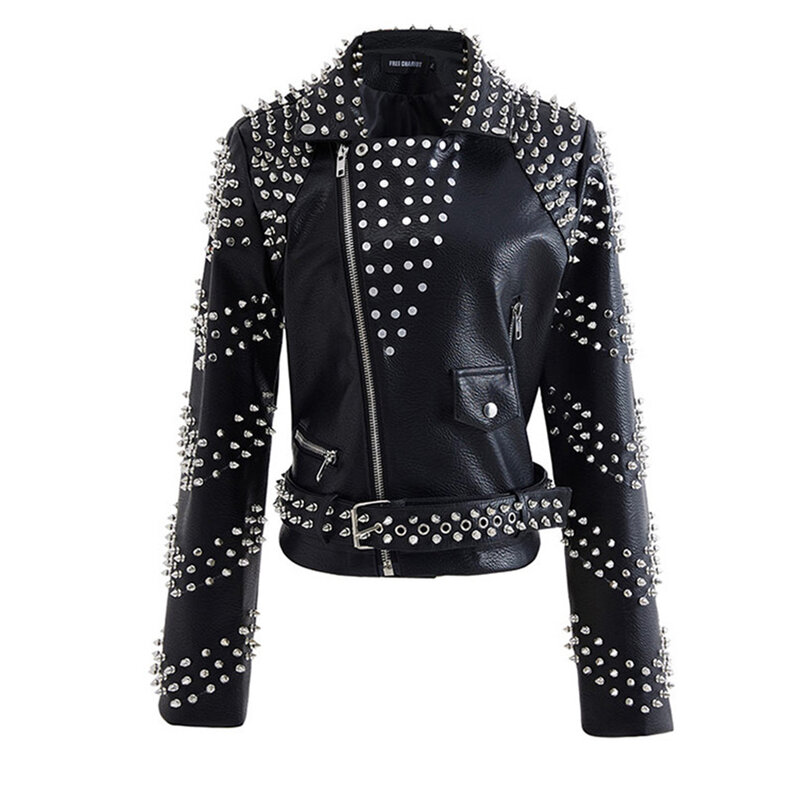 Women's Punk PU Rivet Jacket Studded Long Sleeves Faux Leather Streetwear Steampunk Motorcycle Biker Coat