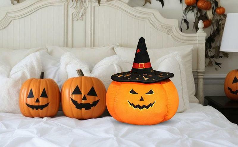 Almohada de calabaza con sombrero de bruja, muñeco de peluche de Halloween, sombrero de mago de terror, almohada de felpa suave, juguetes de peluche