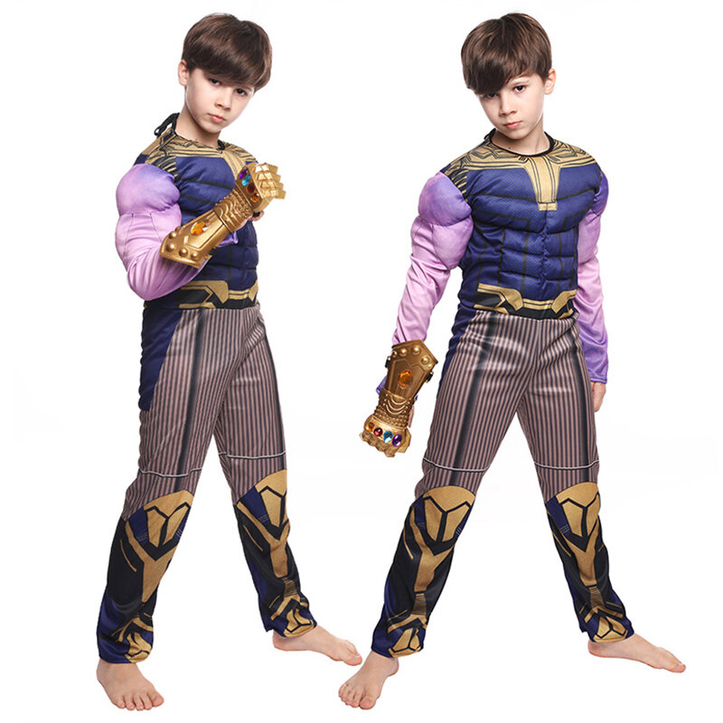 Thanos คอสเพลย์เครื่องแต่งกายถุงมือ Avengers Superhero Supervillain Bodysuit ฮาโลวีนชุดคอสเพลย์สำหรับเด็ก Jumpsuit