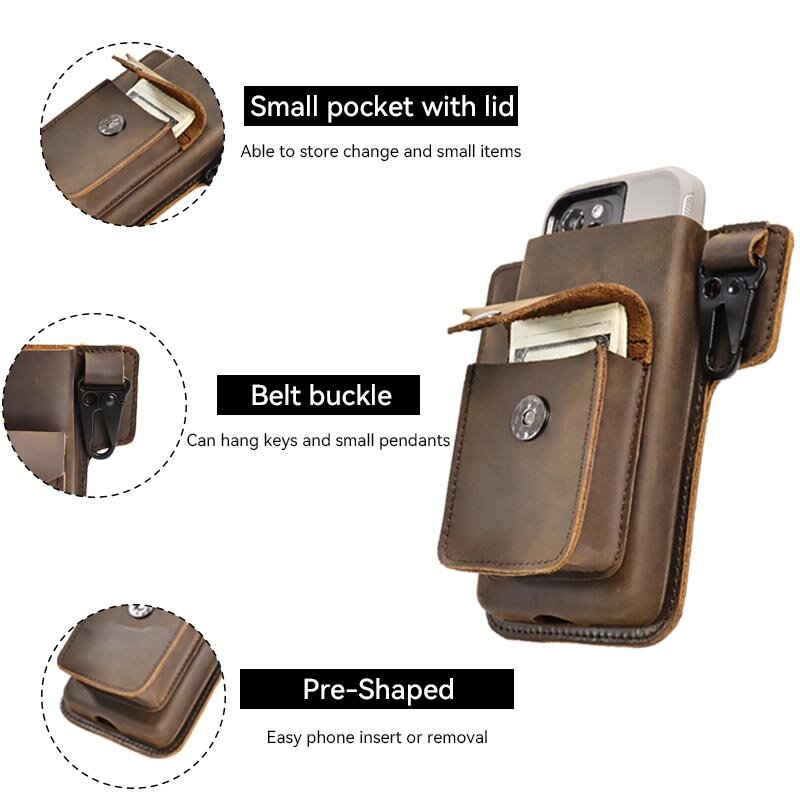 RIYAO-Poudres de téléphone en cuir véritable vintage, clip de ceinture, sac de taille, étui de téléphone portable, étui portefeuille, poche pour iPhone, Samsung