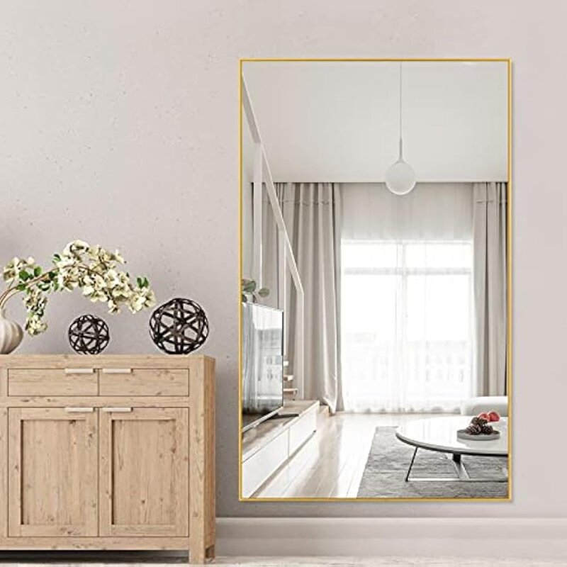 전체 길이 거울, 벽에 걸거나 기대는 대형 직사각형 침실 거울, 바닥 거울, 금 52 인치 x 32 인치 화물 무료 거울 본체