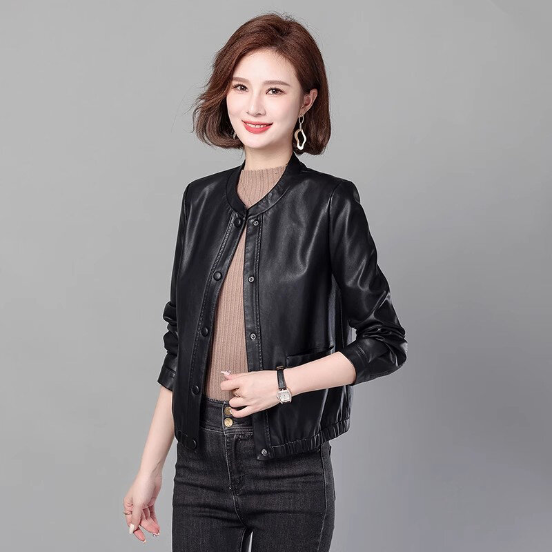 New Women Biker Leather Jacket Spring Autumn Fashion O-Neck Single Breasted Short Leather Coat Split Leather Casual Outerwear