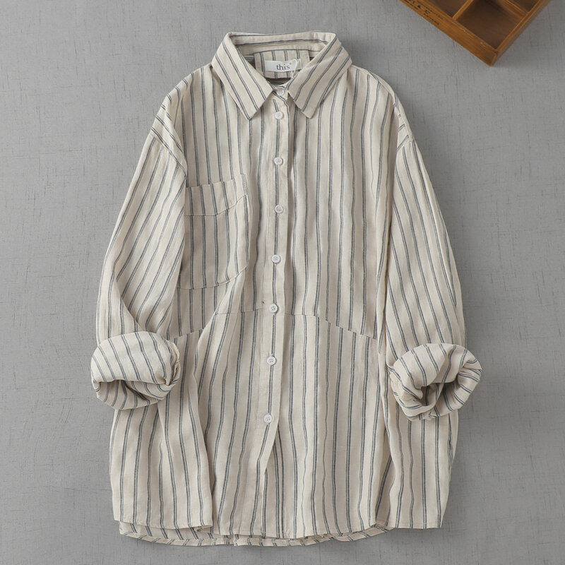 SuperAen-عمودي مخطط الكتان قميص للنساء ، عادية اليابانية الطبقات قميص ، قمصان بأكمام طويلة ، الخريف