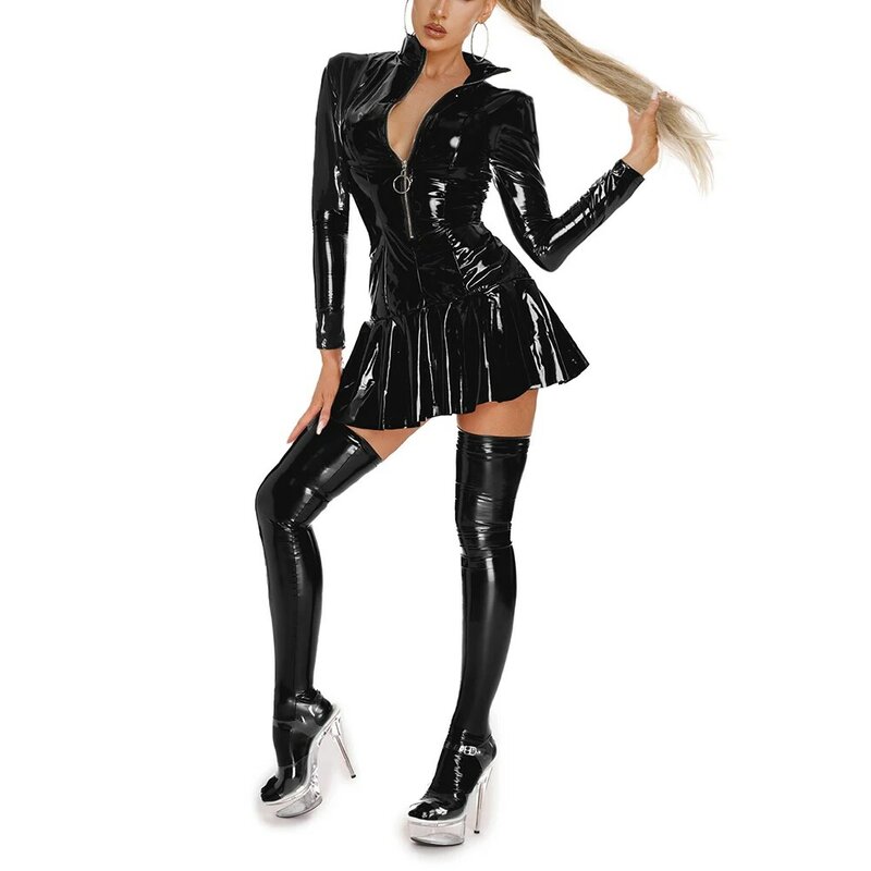 Sexy Wet Look PU Leather Womens Dresses Bodycon Zip-up Stand Collar Long Sleeve Shiny Party Club Wear Female Dress Clothing