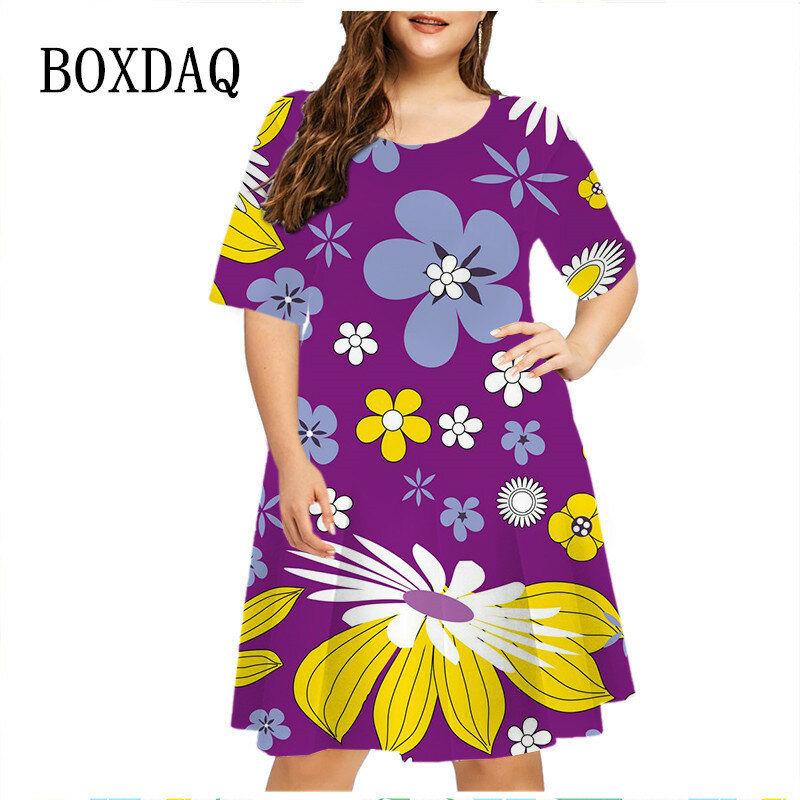 5XL 6XL Plus Size Women Dresses Summer Floral Print Dress Fashion Flower Power Hippie Short Sleeve Loose Dress Sundress Vestidos