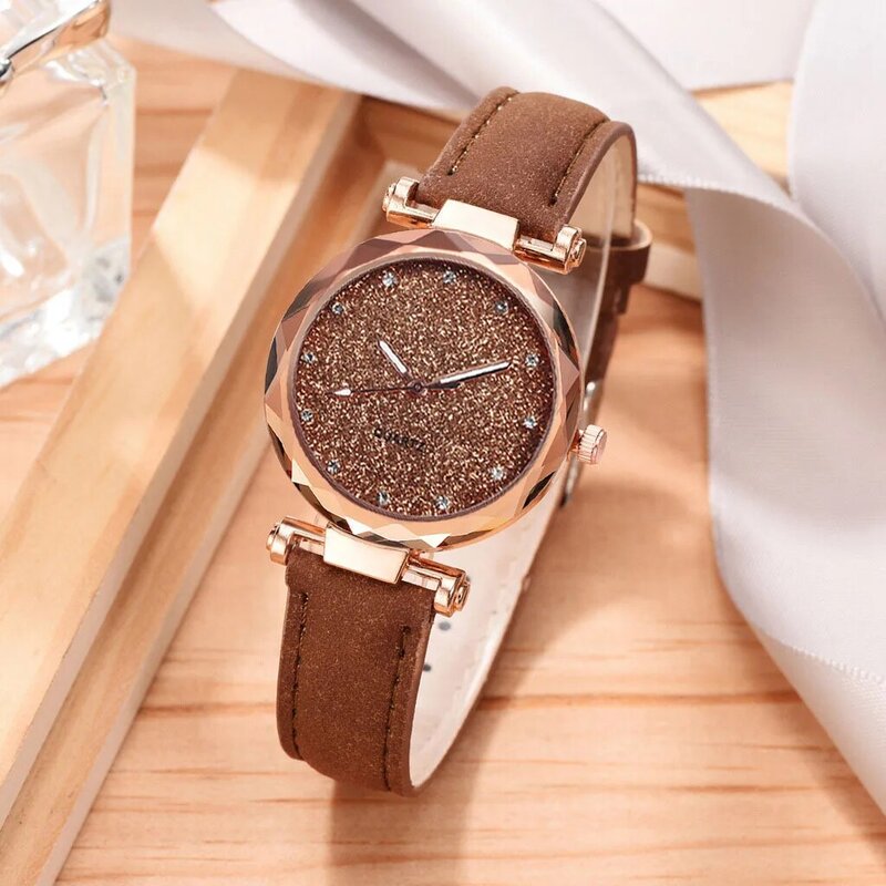 Relógio de superfície strass feminino, pulseira de couro fosco, tendência de lazer feminino, terno de 2 peças, pó prateado