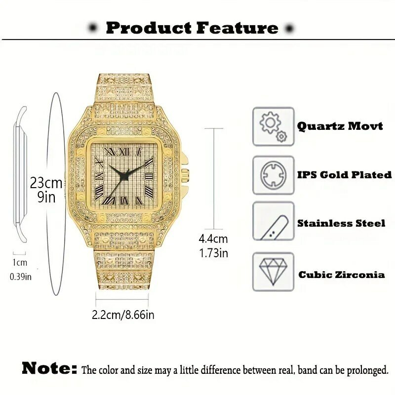 Jam tangan pria bertatahkan kristal Hip Hop Fashion jam tangan mewah rantai tangan besi tahan karat Iced Out jam tangan untuk pria Hip Hop Rapper