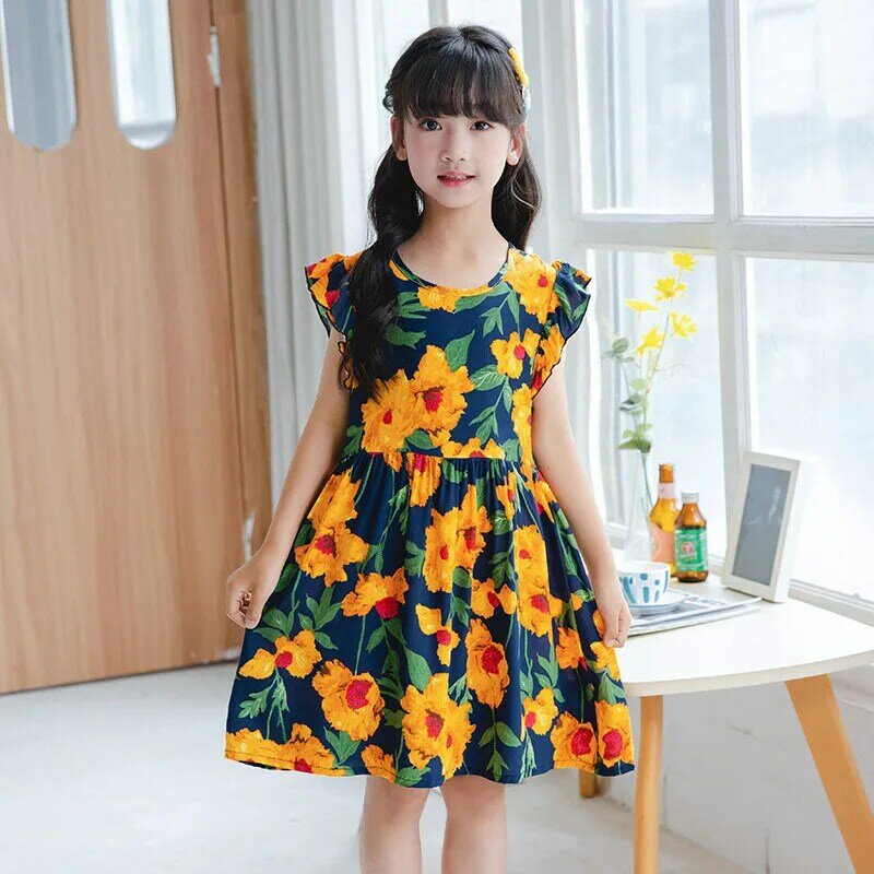 Size 100-170 Casual Girls Dresses Summer New Breathable Popline Petal Sleeve Cute Flowers Printed One Piece Dress